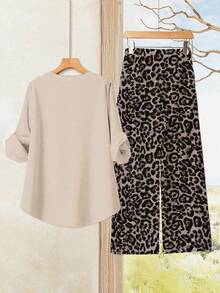 EMERY ROSE Women's Casual Solid Color Shirt And Leopard Print Pants 2 Pieces Set - Khaki - View 2