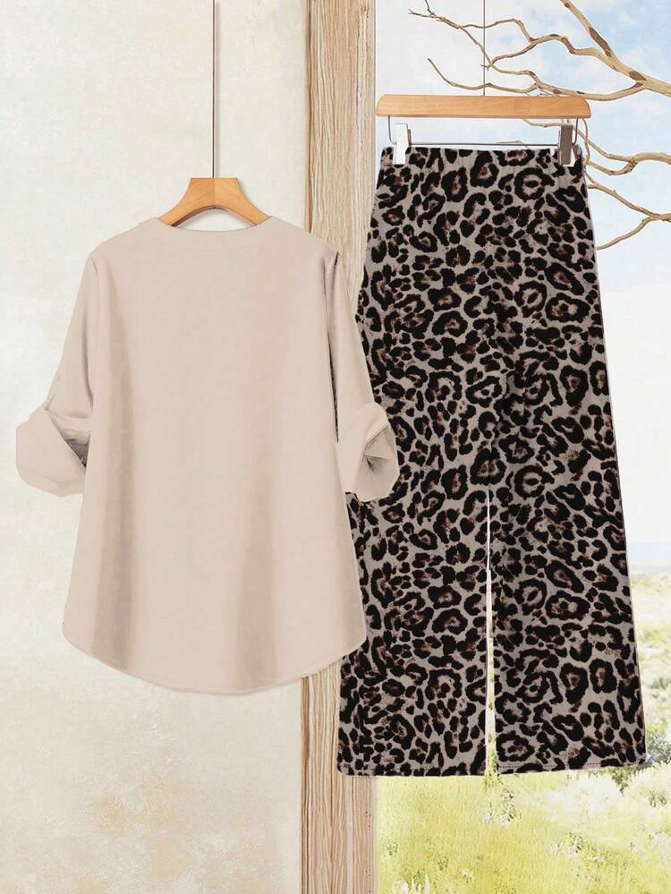 Women's Casual Solid Color Shirt And Leopard Print Pants 2 Pieces Set