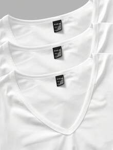 SHEIN EZwear 3件套女士深V领紧身休闲长袖T恤套装，白色，秋冬 - 白色 - 查看 8