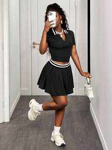 BamGleam 2 件套女士纯色拼接短袖上衣和迷你裙 - 黑與白 - 查看 5