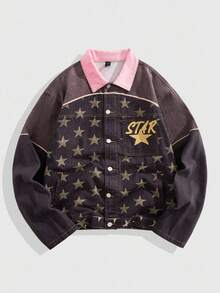ROMWE MEN Street Life Men's Autumn Star Print Long Sleeve Single-Breasted Casual Denim Jacket