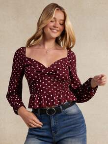 WESTFADE 波点编织心形领长袖荷叶边上衣，适合秋季、冬季、休闲、可爱、西部风、波西米亚风、节日、新年、圣诞节、新年等场合。 - 酒紅色 - 查看 4