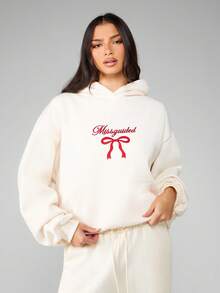 MISSGUIDED Oversized Fleece Hoodie With Bow Logo Embroidery Drawstring Winter Casual Loungewear Sweatshirt For Leisure Daily Comfort - Beige - View 1