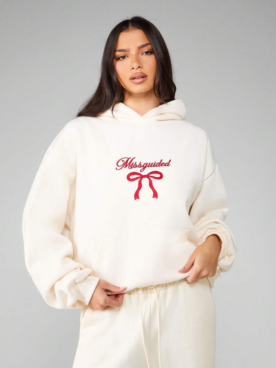 MISSGUIDED Oversized Fleece Hoodie With Bow Logo Embroidery Drawstring Winter Casual Loungewear Sweatshirt For Leisure Daily Comfort - Beige - View 1