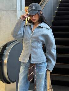 Muchica Women's Gray Long Sleeve Zip-Up Casual Regular Jacket Autumn Winter Clothes For Women - Grey - View 6