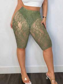 SHEIN SXY Plus Size Women Green Lace Cropped Leggings