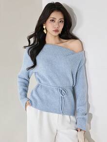 Modelyn 女士纯色系带休闲套头毛衣秋冬女装 - 藍色 - 查看 2