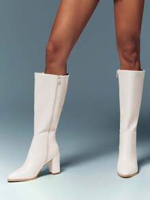 SHUZIA #CitySleek Women's Pointed Toe Side Zip & Block Heel Pu Knee-High Boots – Sleek Finish For Polished Everyday Looks - White - View 4