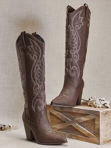 SHUZIA #WesternClassic Women's Retro Embroidery Pattern Snip Toe Block Heel Knee High Nub Brown Cowboy Boots-Sleek Silhouette With Timeless Rodeo Appeal For Christmas