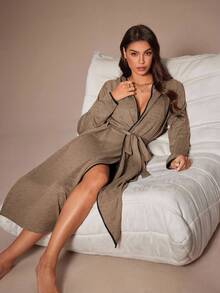 Lazeform Mjuk stickad kontrastfärgad avslappnad morgonrock med huva, mysig, höst och vinter