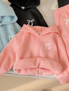 Set de 6 piezas Sudadera con capucha y pantalón de cintura elástica con patrón de corazón de unicolor lindo para bebé niña, otoño/invierno