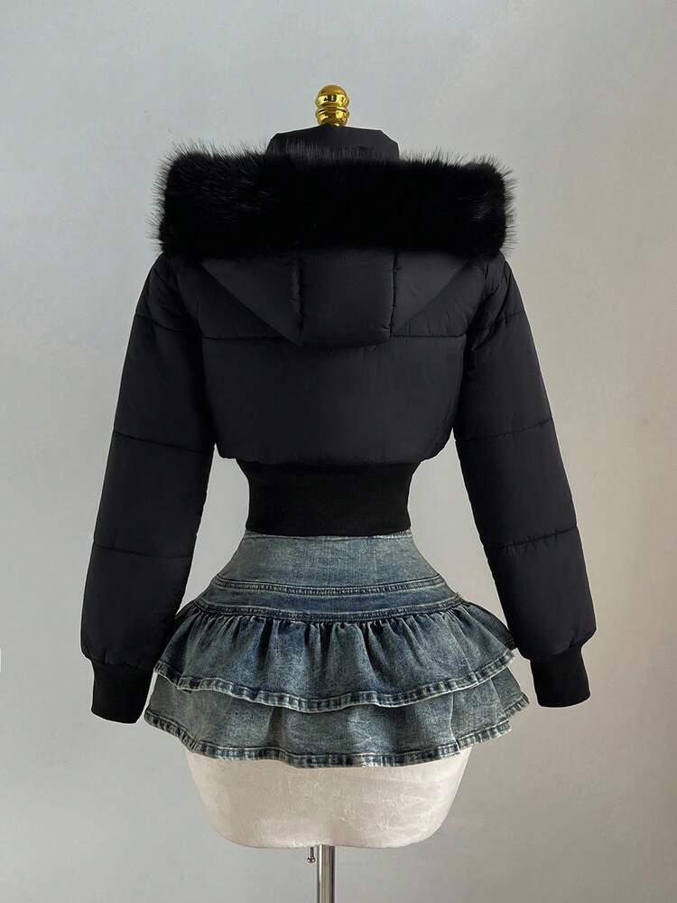 Elamini Abrigo corto acolchado con capucha de piel, cuello alto, manga larga y cintura ceñida, en estilo vintage de retazos en color albaricoque, adecuado para otoño/invierno - Negro - Añade 2