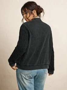 SHEIN LUNE 大码女式纹理拼布拉链夹克，棉质新年感恩节秋冬女装 - 黑色 - 查看 3