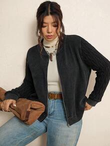 SHEIN LUNE 大码女式纹理拼布拉链夹克，棉质新年感恩节秋冬女装 - 黑色 - 查看 5