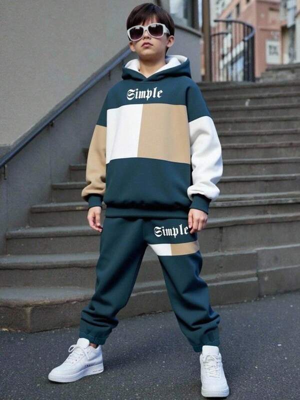 SHEIN 2pcs/Set Tween Boy Casual Simple Blue Long Sleeve Hoodie Sweatshirt Set, Comfortable For Autumn/Winter