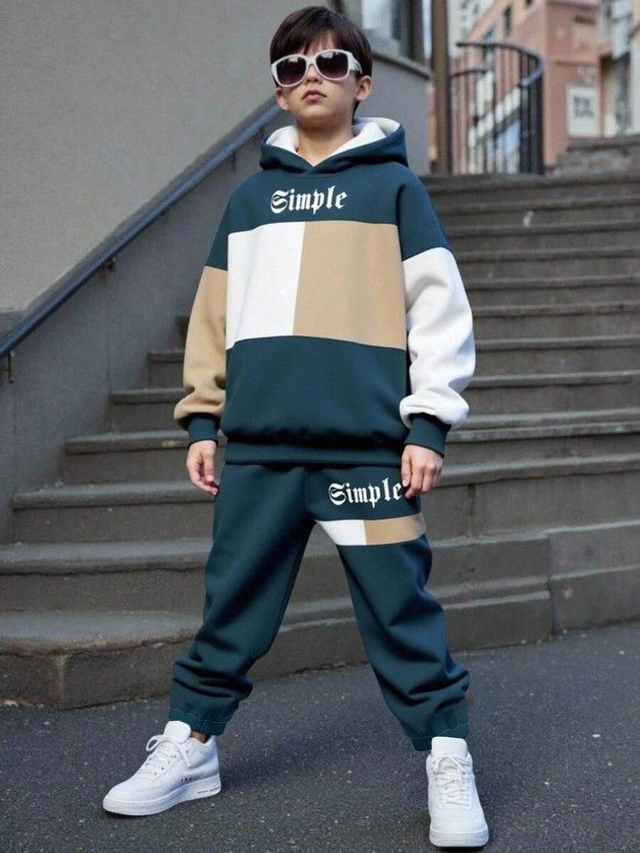 青少年男孩秋季新品,舒适休闲简约 Y2K 色块运动街头嘻哈风格,英文字母和星星印花宽松长袖连帽衫套装,适合秋冬季 - 彩色 - 查看 1