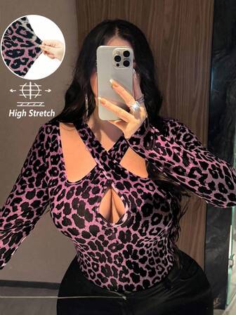 NU&NOW Plus Size Women Sexy High Elasticity Leopard Print Knit Criss-Cross Hollow Design Casual Short Sleeve T-Shirt