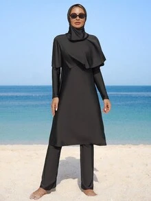 Swim Mulvari Women's Black Hooded Cloak, Loose Fit Long Dress, Long Sleeve Loose Flared Pants, Full Coverage Outfit Abayas Dubai Luxury Modest Swim Dress Two Piece Set Dress With Neck Scarf Black Abaya - Black - View 1