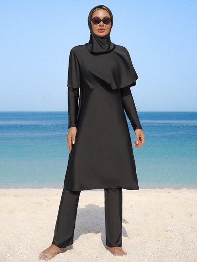 Swim Mulvari Schwarzer Kapuzenumhang für Damen, locker sitzendes langes Kleid, langärmlige, weite Schlaghose, Outfit mit voller Bedeckung, Abayas Dubai, luxuriöses, bescheidenes Badekleid, zweiteiliges Set-Kleid mit Halstuch, schwarze Abaya