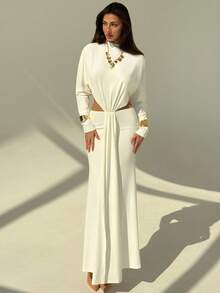 Aloruh Weißes minimalistisches, sexy, rückenfreies Langarm-Bodycon-Kleid mit taillierter Taille und ausgestelltem Rock für Frauen - Weiss - Übersicht 4