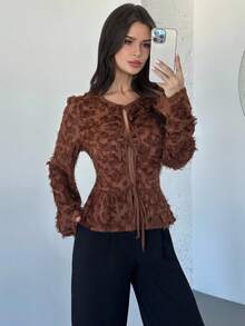 Firerie Áo cánh nữ dáng rộng, thời trang công sở tối giản, thanh lịch, lãng mạn, thường ngày, đi làm, màu xanh quân đội, vải họa tiết cắt xẻ, tay áo xòe, nơ, viền bèo nhún, vừa vặn, giáo viên, sân bay, trang phục ngoài trời, trở lại trường, mùa thu cho nữ, áo sơ mi dễ thương, công sở - xanh quân đội - Xem 5