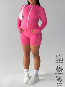 Rhythm Era Conjunto deportivo de talla grande para mujer, con chaqueta de manga larga y pantalones cortos, de color rosa con rayas, de ajuste ceñido y sin costuras - Rosa - Ver 3