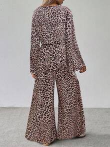 EMERY ROSE 2pcs Women Casual Leopard Print Loose Flare Sleeve Top And Wide Leg Pants Set, Autumn - Pink - View 2