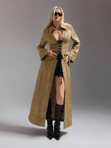 SHEIN ICON 女式 Y2K 摩托车风格水洗 PU 索环系带长袖修身性感夹克秋冬女装 - 卡其色 - 查看 4