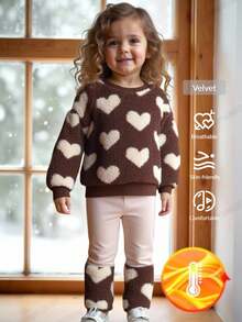 LMoss Kids LMoss 女婴爱心图案抓绒卫衣和打底裤两件套，女婴针织蓬松卫衣和打底裤套装，泰迪熊宝宝套装，幼儿两件套冬季服装，棕色爱心幼儿套装，幼儿泰迪熊卫衣，秋冬季婴儿套装，女童冬季套装，套头衫，舒适秋冬款式，温暖秋冬款式，冬季服装，冬季套装，打底裤，长袖上衣，棕色套装 - 彩色 - 查看 6