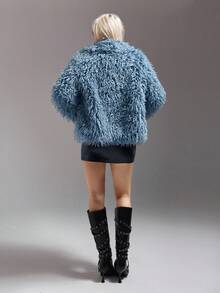 SHEIN ICON Abrigo de mujer de estilo retro urbano chic de piel sintética azul, para otoño/invierno