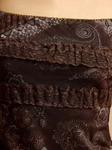 Easelle 女士花卉印花蕾丝荷叶边装饰吊带背心，适合度假穿着 - 咖啡棕 - 查看 4