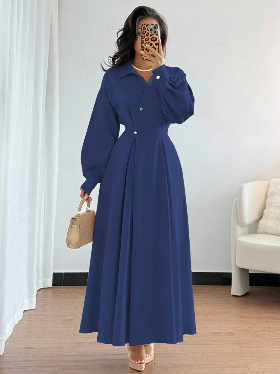Rafferiza Đầm chữ A tay dài, cổ bẻ, trễ vai, dáng ôm, thích hợp cho các buổi đi chơi, nghỉ dưỡng, ngày lễ và du lịch - Màu xanh hải quân - Xem 1