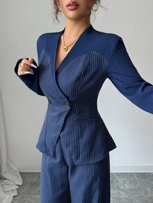 Modelyn Damen gewebter gestreifter blauer Patchwork einfarbiger Langarm anliegender Top und gerade geschnittene Hose Anzug, Herbst/Winter