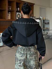 SHEIN EZwear 女式黑色连帽拉链休闲运动衫，饰有铆钉 - 黑色 - 查看 5