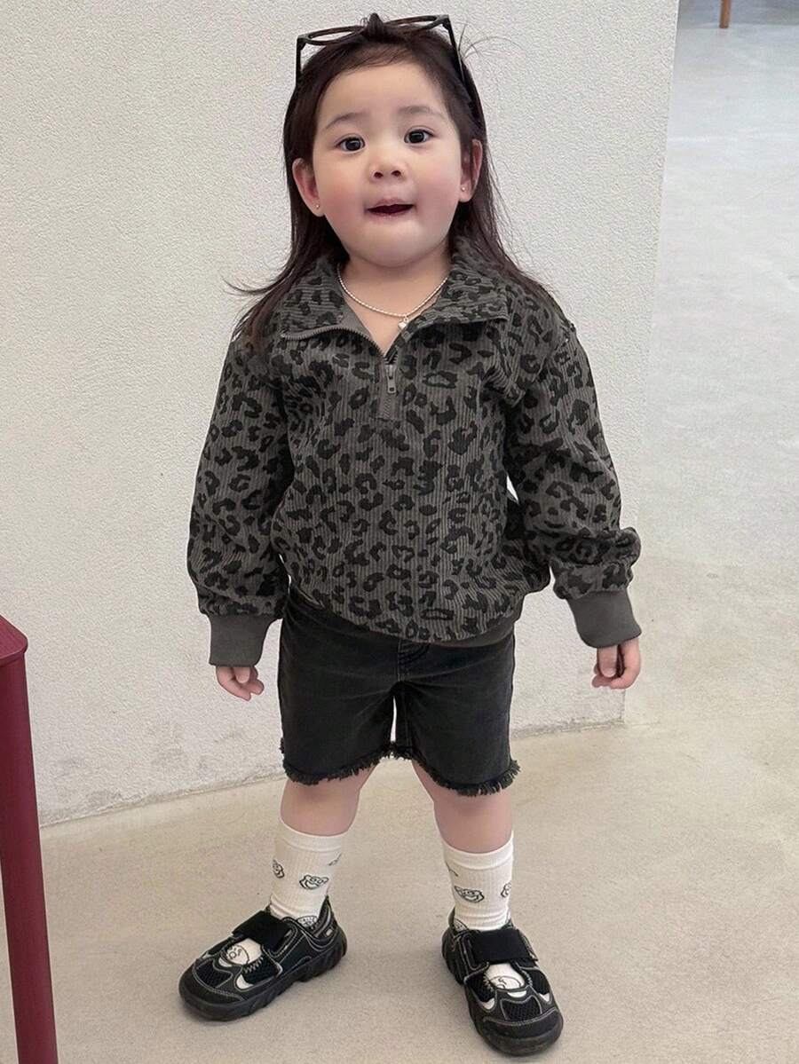 DAZY 女婴豹纹长袖休闲卫衣 幼儿女童服装 - 灰色 - 查看 1