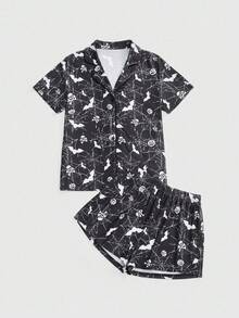 ROMWE Gothic Skull, Bat, Spider Web Print Shirt & Shorts Pajama Set - Black - View 1