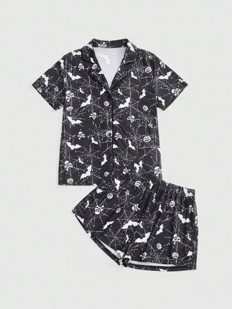 Gothic Totenkopf, Fledermaus, Spinnennetz Muster Pyjama Set aus Hemd und Shorts