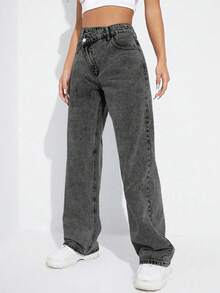 SHEIN EZwear 冬季加大码女式不对称腰身个性化时尚牛仔长裤 - 深灰色 - 查看 5