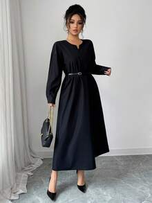 Elenzga Elegant Solid Color Long Sleeve Women Midi Dresses - Black - View 5