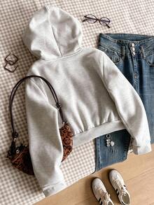 Tween Girls Casual Versatile Commuting School Sweatshirt, Zip-Up Short Numeric & Letter, Leopard Print Pattern - Light Grey - View 2