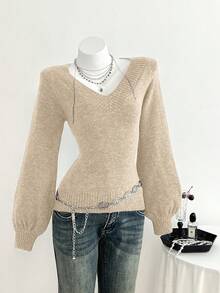 Elamini Women's Casual Solid Color V-Neck Lantern Sleeve Loose Knit Sweater - Khaki - View 4