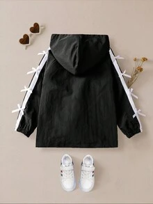 Chaqueta informal de manga larga con gráfico en inglés, ribete a rayas y decoración de lazo para niñas Genkimix - Negro - Ver 3