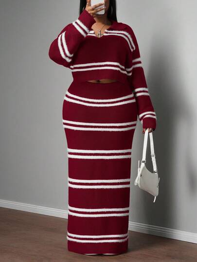 Slaydiva 2025 New Autumn/Winter Women's Plus Size College Style/Business Casual Outfit/Western Wear/Office Attire/Street Club Fashion/City Vacation/Graduation Date/Refined Elegant/Party/Independence Day/Casual Basic Stylish/Outdoor Social Wear, Warm V-Neck Dropped Shoulder Long Sleeve Cropped Top With Elastic Waist A-Line Skirt 2 Pieces Set