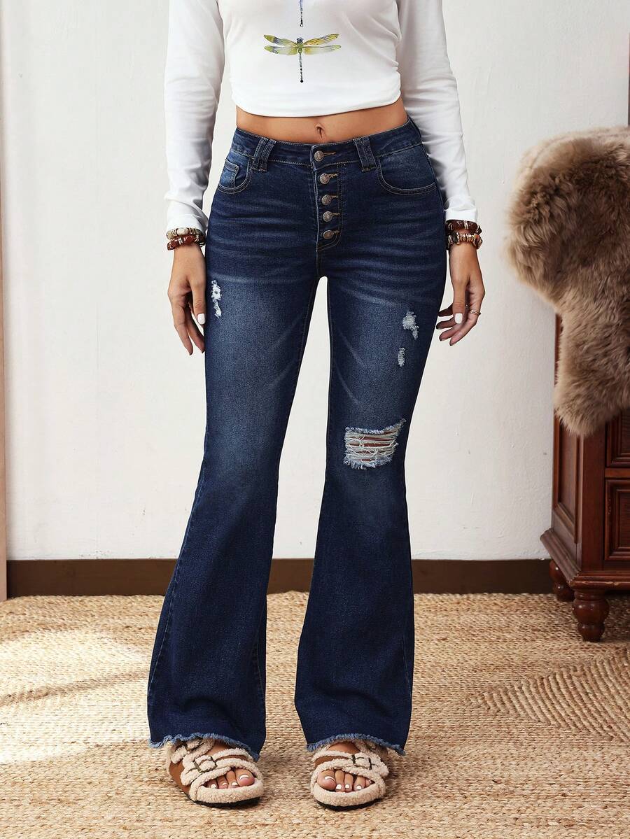 EMERY ROSE 女式休闲水洗低腰做旧喇叭牛仔裤 - 深色水洗藍 - 查看 1