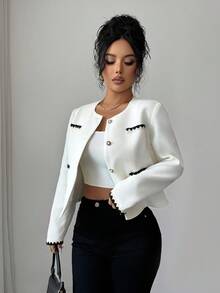 SHEIN Elenzya Elegante chaqueta de mujer tipo cárdigan con cuello redondo, tela texturizada, cinta, bolsillo y decoración de botones