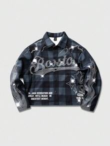 ROMWE MEN Street Life 男女皆宜的格子十字装饰街头风外套，秋冬款 - 黑色 - 查看 4