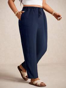 Elaquor Plus Size Casual Solid Color Tapered Pants - Navy Blue - View 1