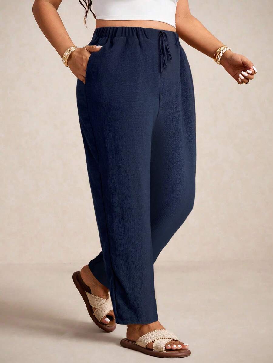 Elaquor Plus Size Casual Solid Color Tapered Pants - Navy Blue - View 1