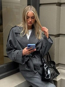 Aloruh Damen Anthrazitgrauer Wollmantel, Lässige Pendler-Windbreakerjacke, Herbst/Winter, Winterkleidung für Frauen - Dunkelgrau - Übersicht 6