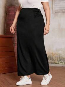 SHEIN Essnce Plus Ruched Mesh Detail Maxi Skirt - Black - View 5